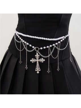 New White Pearl and Silver Cross Chain Waist Belt